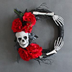 Guirlande de main fantôme rose rouge crâne d'halloween, accessoires d'horreur pour lieu de fête, décoration de cercle en rotin