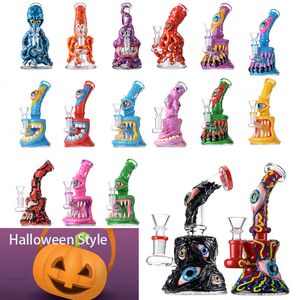 Halloween -stijl ogen teetch unieke glazen bongs waterpijpen waterpijpen douchekop percolator octopus olie dab rigs beker bong 5 mm dikke mini wax rigs met kom