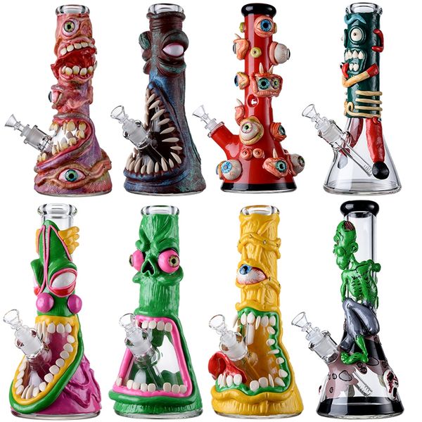 Envío por mar Cachimbas estilo Halloween Bongs grandes de 11 pulgadas Vaso de vidrio de 7 mm de espesor Bong Tuberías de agua de pulpo Tubo recto Plataformas de aceite Dab Junta de 18 mm con vástago descendente difuso