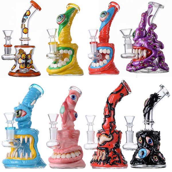 Narguilés de style Halloween Mini petites plates-formes pétrolières Dab Rigs Bécher en verre Uniqe Bongs Pommeau de douche Percolateur Oeil Artisanat Conduites d'eau 14mm Joint femelle avec bol En stock