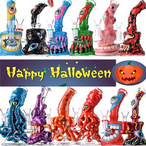 Estilo de Halloween Cachimbas Pulpo Embriagador único Vidrio Bong Cabezal de ducha Perc Cubilete Bongs Estilo de ojos Aceite Dab Rig Plataformas de cera Pipa para fumar agua con tazón