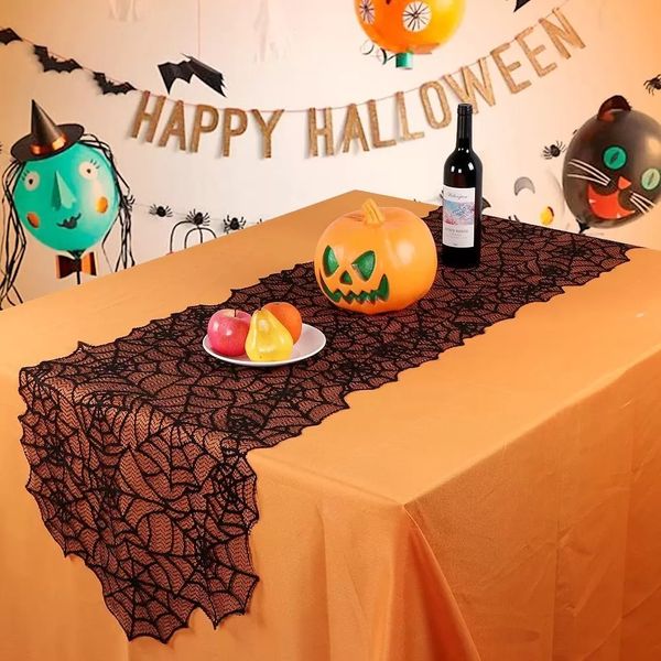 Halloween Table Decoration Noire en dentelle Spider Web Tableau de chemin￩e ￉charpe Tables cr￩atives de couverture en tissu Party Decor