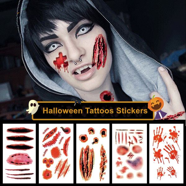 Tatuajes temporales de Halloween, pegatinas, 30 Uds., conjunto de cara de brazo, cicatrices de terror realistas, maquillaje, accesorios de tatuaje, kits de pegatinas artísticas para fiesta de Cosplay