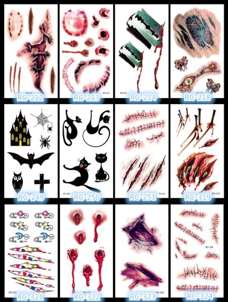 Terreur d'Halloween Tatouages temporaires Cicatrices de sang Tatouages cicatrice de plaie Halloween effets spéciaux maquillage Peinture corporelle tatouage imperméable ZZ