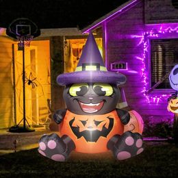 Jouets d'Halloween 180 cm 6 pieds citrouille d'Halloween gonflable décoration de jardin en plein air explosant chapeaux de chat gris jouets avec lumières LED intégrées cadeau 231019
