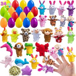 Halloween Toys 24 piezas de huevos de Pascua precargados con títeres de dedos de animales para niños pequeños Canetas de cesta de canasta de regalos de bolsas de bolsas Favores 230815