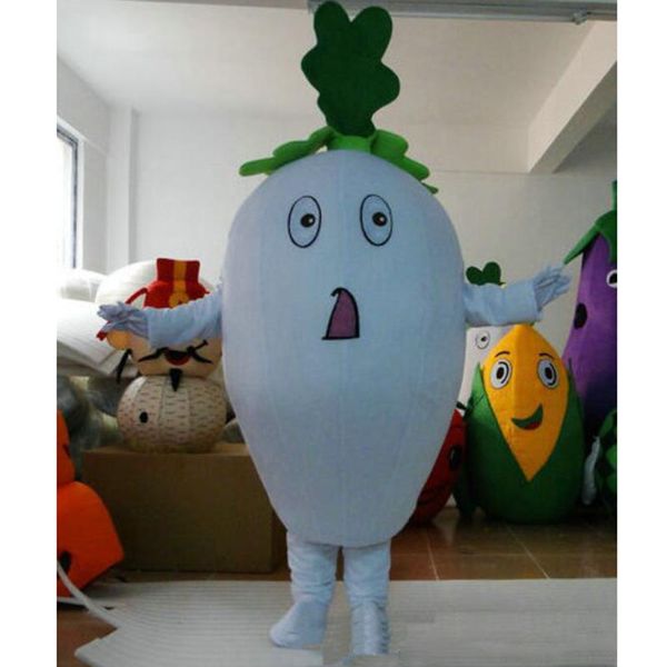 Costume de mascotte de radis blanc d'Halloween de haute qualité Personnaliser légume de bande dessinée en peluche Anime thème personnage Unisexe Adultes Outfit Carnaval de Noël Déguisements