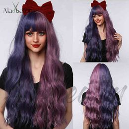 Perruque d'Halloween femme bleu violet Yin Yang tête cheveux longs bouclés Qi frange perruque cospaly 220527