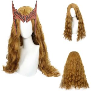 Halloween Wig Women Heroine Scarlet Witch Long Brown Wavy Wig Vision Wanda Maximoff Cosplay Headband Mask Kostuum