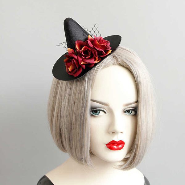 Accesorios para el cabello de bruja de Halloween Black Neted Red Flower Witchs Fascinator Sombreros Masquerada Party Kids Magic Gat.
