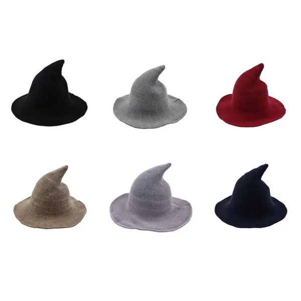 Sombrero de bruja de Halloween diversificado a lo largo de la gorra de lana de oveja, sombrero de pescador tejido, cubo de lavabo puntiagudo de bruja a la moda para mujer JN12