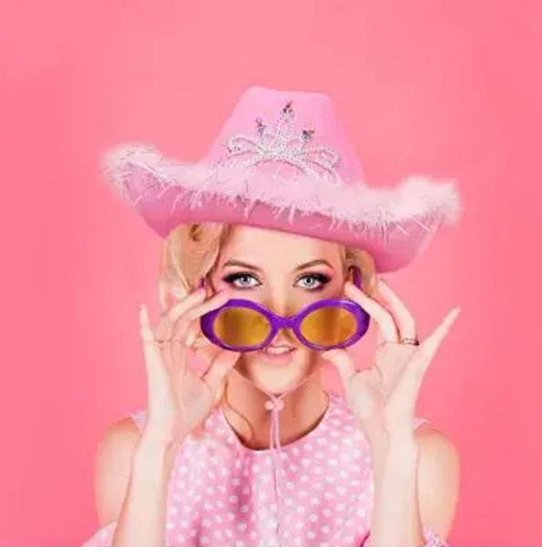 Sombreros rosas de Halloween para mujer, adorno peludo de vaquera, gorra de vaquero esponjosa, sombrero con purpurina de muy buen gusto, accesorio de disfraz de carnaval para fiesta, sombrero, corona, sombrero de vaquero occidental