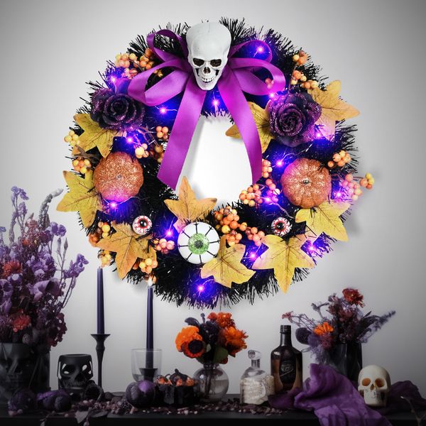 Guirnalda de Halloween esqueletos círculos de ratán flores artificiales hojas decoraciones de fiesta de calabaza guirnalda de Halloween hecha a mano con luz