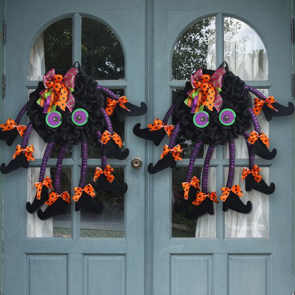 Couronnes d'Halloween pour la porte d'entrée Couronne de porte d'Halloween avec des jambes d'araignée Halloween Porte suspendue