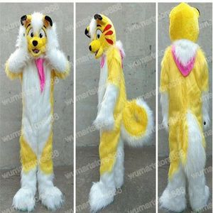 Halloween Geel Long Fur Husky Fox Dog Mascot Kostuum Hoogwaardige Kerst Fancy Party Trail Coulper Suite Pak Carnival Unisex volwassenen Outfit