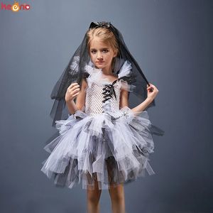 Halloween Zombie Bride Girls Tutu Robe avec voile Glitter Sparkle Tulle Enfants Corpse Ghost Costume pour Pourim Carnaval Party Dress 240109