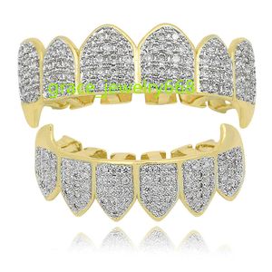 Regalo de Halloween Hip Hop dientes chapados en oro Real Grillz Iced Out Cz parte superior inferior dientes de colmillo de vampiro parrillas para fiesta