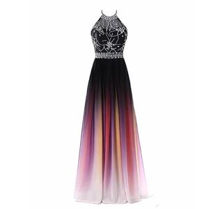 Halter kralen Chiffon Formele Res Black Prom -jurk Gradiënt kleur elegante optocht een lijn prom feestjurken jurk