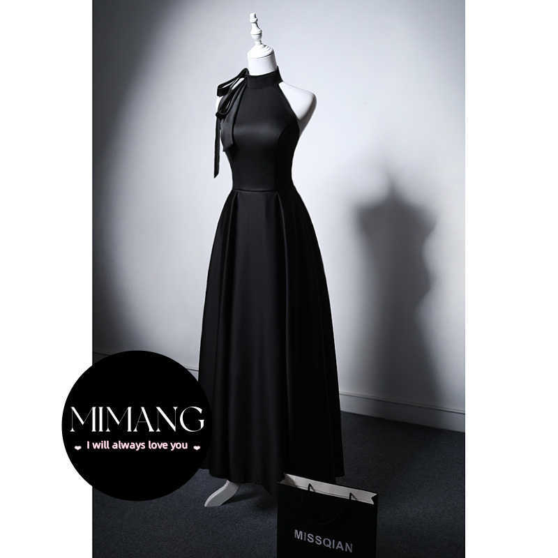 Halter Black Stite Satin Evening Dress Dress Presesting Meeting Pare