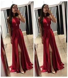 Halter Dark Red Aline Prom -jurken 2018 Goedkope avondjurken Slit Vestidos de Fiesta Party Wear9938760