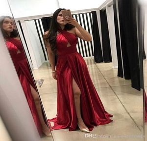 Halter Dark Red Aline Prom Dresses avondjurken Slit feestjurk Formele eenvoudige bruidsmeisjekleding5504007