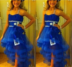Halter Meisjes Pageantjurken Pailletten Kralen Tiered Royal Blue Flower Girl Dress for Teens Tule Sash Kids Formal Wear Girls Wedding Party Jurk