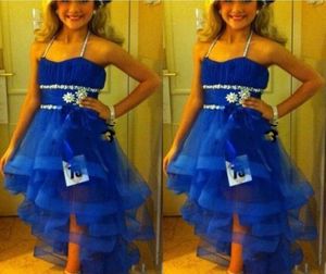 Halter Girls Pageant Robes Paillettes Perles À Niveaux Royal Bleu Fleur Fille Robe Pour Les Adolescents Tulle Sash Enfants Vêtements De Soirée Filles De Mariage P6910681