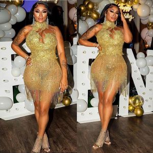 Halter Gold Cocktail Party-jurken Kralen Mouwen Kniekleten Mini Short Formal Dress Tweede ontvangstjurken Bling Afrikaanse jurk