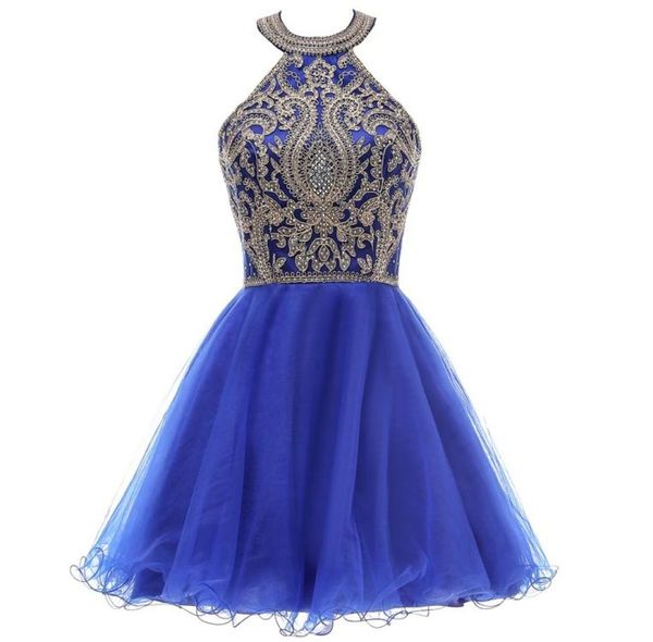 Robes de cocktail Halter Juniors Applications en dentelle en or Royal Blue Robes Homecoming Short Sweet 15 Robes de bal 3620109