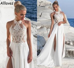 Halter Dentelle Appliqued Une Ligne Robes De Mariée D'été Plage Boho En Mousseline De Soie Robes De Mariée Avec Sexy Haute Split Dos Ouvert Sans Manches Simple Brides Robe De Réception CL0982