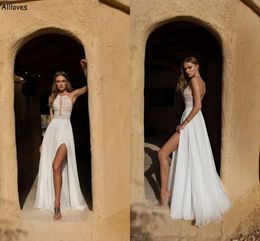 Halter Lace Boho Beach A Line Wedding Vestidos Flutey Falda Side Second Recepción Fiesta de recepción para novia Sexy Backless Gowns Bures de Mariee CL2719