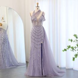 Halter Lila Sharon Kralen Zei Zeemeermin Avond Met Overrok Zijsplit Turquoise Dubai Bruiloft Jurk Ss180