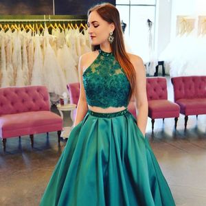 Halter lange prom jurken twee stukken mouwloze kant applique sequin riem groene avond formele feestjurken vestido de fiesta