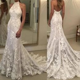 Halter sirène plage robes de mariée sans manches en dentelle Applique balayage train dos ouvert trompette robe de mariée robes Novia Baratos 328 328