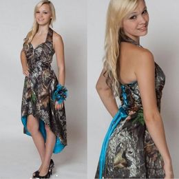 Halter Hals Prom Jurken Hoge Lage Goedkope Korte Partyjurken Mouwloze Lace Up Back Camo Bruidsmeisjes Jurken Custom Size