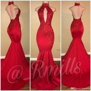 Halterhals Red Prom Dresses 2018 Mermiad Lange Avondjurken Mouwloze Afrikaanse formele jurken voor vrouwen