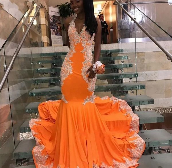 Halter Orange Mermaid Prom Birthday Robe 2024 Appliques en dente