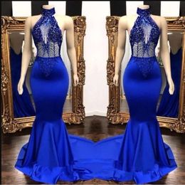 Halter Satin Mermaid Royal Blue Long Prom Dresses 2020 kralen Stenen Top Backless Sweep Train Formele feestkleding Jurken BC0798