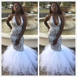 Halter Pailletten Mermaid Prom Dresses 2020 Black Girls Tulle Sweep Trein Formele Party Avondjurken BC4127