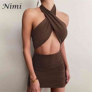 Halter Sexy Mini Jurk Zomer Dameskleding Kruis Bandage Holle Party Mode Slanke Mouwloze Off Shoulder Jurken 210623