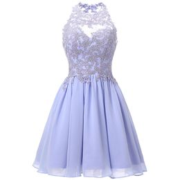 HALTER KORTE HOMECOMING -jurken voor tieners Chiffon Lace Appliques Juniors Prom Dresses Keyhole Back 8th Grade Party Jurk 270i