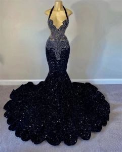 Halter Sparkly Long Prom For Black Girls Sequins Birthday Party Robes African Sirène de soirée Robe de 2.29 418