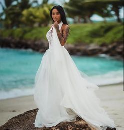 Vestidos de novia de línea A con escote en V y escote Halter, vestidos de novia de playa de tul con espalda abierta sexy 2021