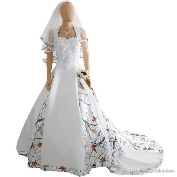 Vestido de novia de satén de camuflaje blanco Halter, apliques de encaje personalizados, vestidos de novia con cordones, corsé en la espalda, vestido largo de novia de camuflaje