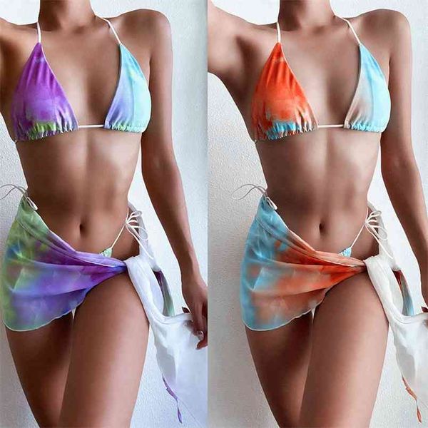 Halterneck Bikini Cordon de serrage à lacets Purple Tie Dye Top Trois pièces Maillot de bain Summer Lady Sexy Taille basse Body 210604