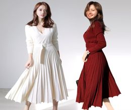 HAMALIEL New Fashion Women Knitted Pleated Dress Fall Winter Long Sleeve Thick Sweater Dress Casual Sexy V Neck Sashes Dress T19088335917