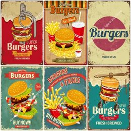 Hamburger Fast Food Metal Painting Vintage Tin Sign Restaurant Wandplaat Posters voor keukencafé Diner Bar Iron Decoratie 20cmx30cm Woo