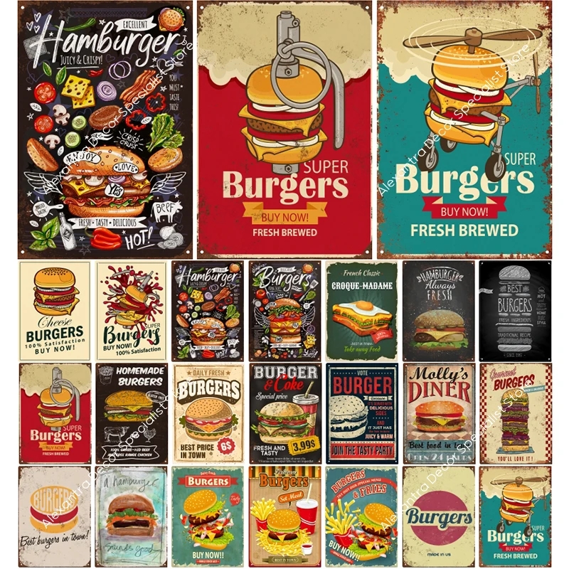 Hamburger Fast Food Plaque Metal Vintage Tin Sign Restaurant Wall Plate Posters for Kitchen Cafe Diner Bar Iron Decoration 20cmx30cm Woo