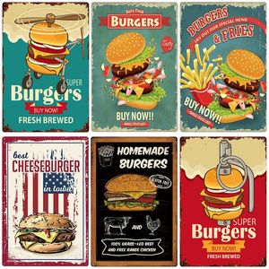 Hamburger Metal Painting Plaque Vintage hamburgers en friet metalen plaat poster keuken restaurant winkel muur decor 20cmx30cm woo