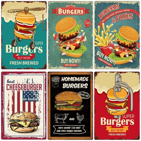Placa de pintura de Metal de hamburguesa, hamburguesas y patatas fritas Vintage, cartel de placa de Metal, decoración de pared de tienda, restaurante, cocina, 20cm x 30cm Woo